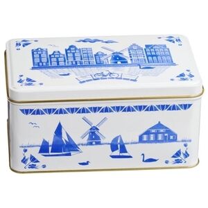 Dutch Delft Blue White Spiced Windmill Cookie Hinged Recipe Card Metal Tin EMPTY